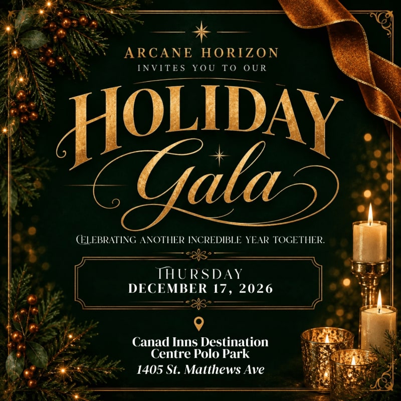 A festive holiday gala invitation with ornate gold lettering and greenery in the foreground, set against a dark green background with glowing lights and candles.