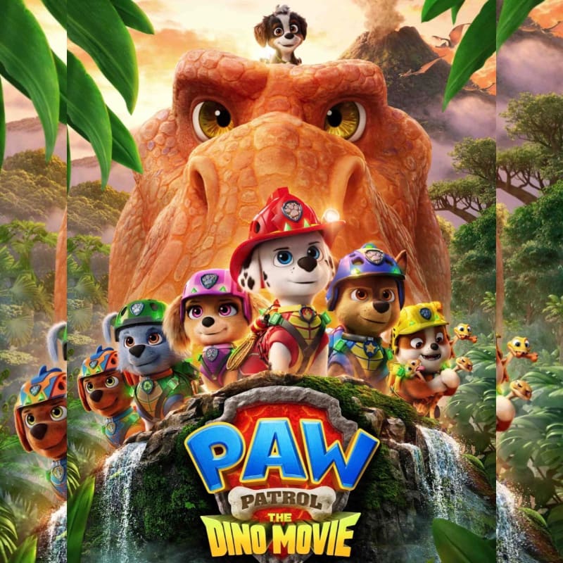 A group of Paw Patrol pups stand on a rocky outcrop with a waterfall cascading down, in front of a giant dinosaur and a lush jungle landscape.