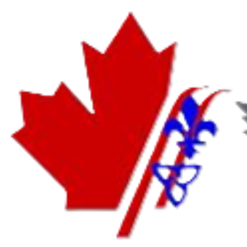 A red maple leaf is superimposed over a white background, with a blue fleur-de-lis and a Celtic knot to its right.