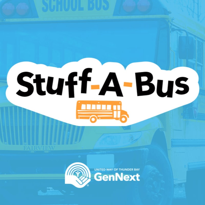 A yellow school bus with the words "Stuff-A-Bus" in a white cloud-like graphic and the United Way GenNext logo in the foreground is set against a bright blue background.