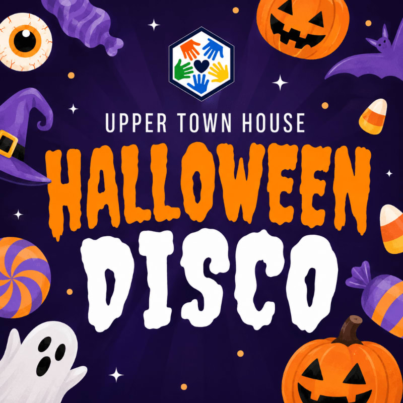 A spooky Halloween disco event is advertised with pumpkins, ghosts, and candy in the foreground against a dark purple background.