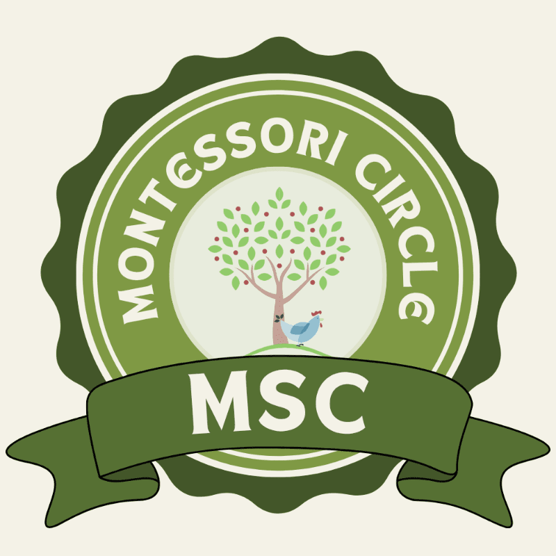 A green circular emblem with the text "MONTESSORI CIRCLE MSC" in the foreground features a stylized tree with red fruit and a blue bird in the background.