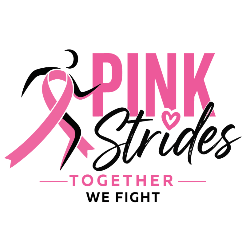 A stylized runner with a pink ribbon forms the foreground, with the words "PINK Strides TOGETHER WE FIGHT" in pink and black lettering against a white background.