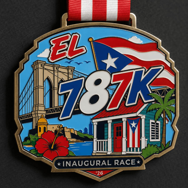 A medal with a red hibiscus flower and a small blue house with a Puerto Rican flag in the foreground, and a bridge, a fort, and the Puerto Rican flag against a blue sky in the background.