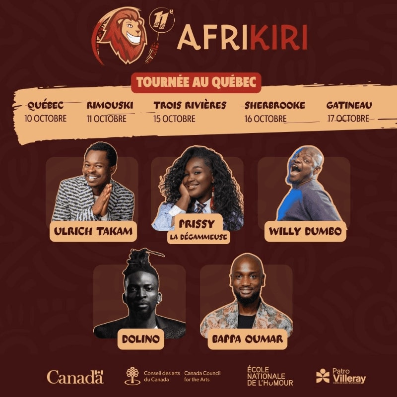 Five comedians are featured in the foreground against a background advertising the "Afrikiri" comedy tour in Quebec.