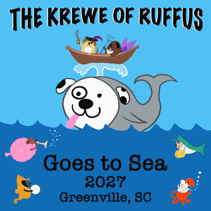 A cartoon whale with a dog's face spouts water in the foreground, while a boat with two dogs sails above it in the background, all set against a blue ocean and sky.