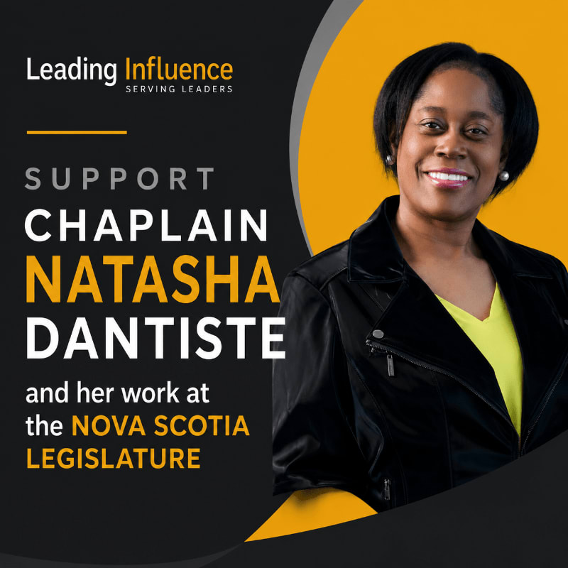 A smiling woman in a black jacket and yellow shirt is featured in the foreground against a dark background with text promoting "Chaplain Natasha Dantiste" and her work at the Nova Scotia Legislature.