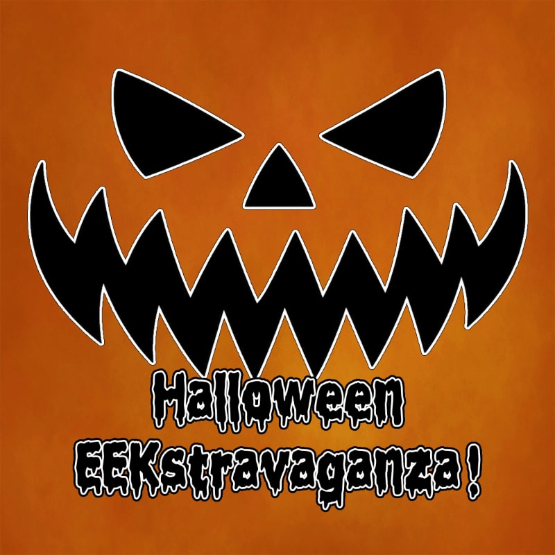 A carved jack-o'-lantern face with jagged teeth and triangular eyes sits against a textured orange background, with the words "Halloween EEKstravaganza!" written below in dripping, stylized font.