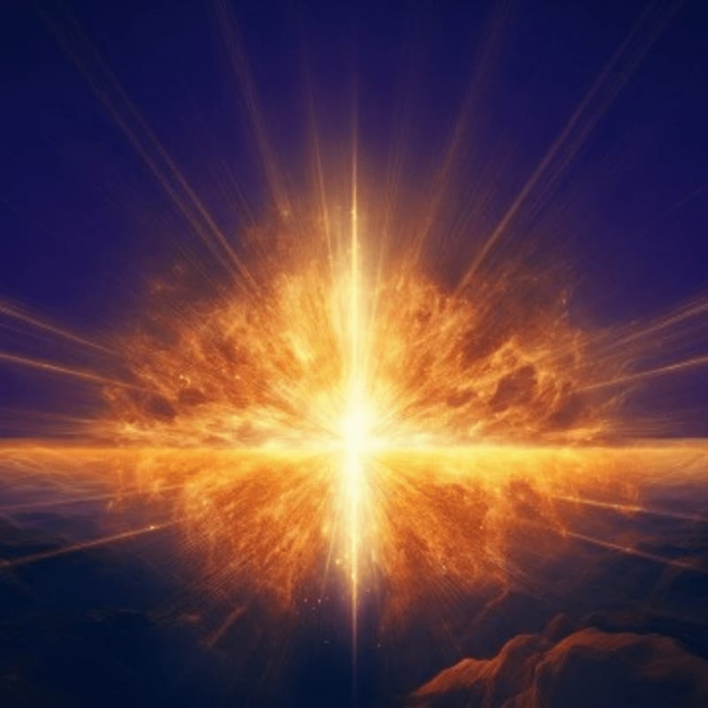 A brilliant, star-like explosion of orange and yellow light dominates the foreground, set against a deep purple and dark blue sky with wisps of clouds.