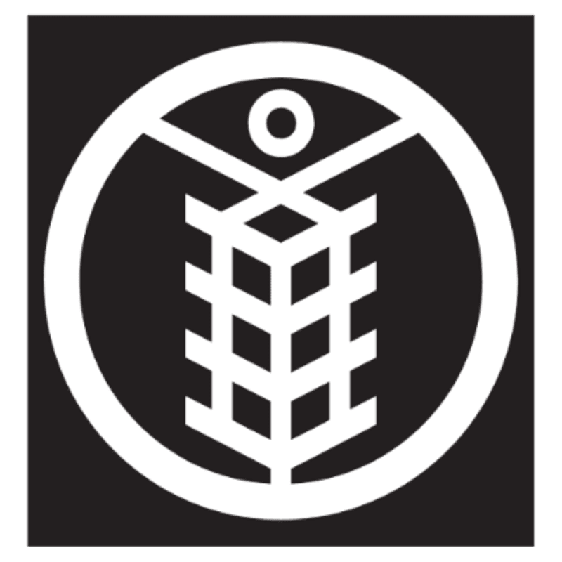 A white stylized wheat stalk within a circle is centered on a black background.