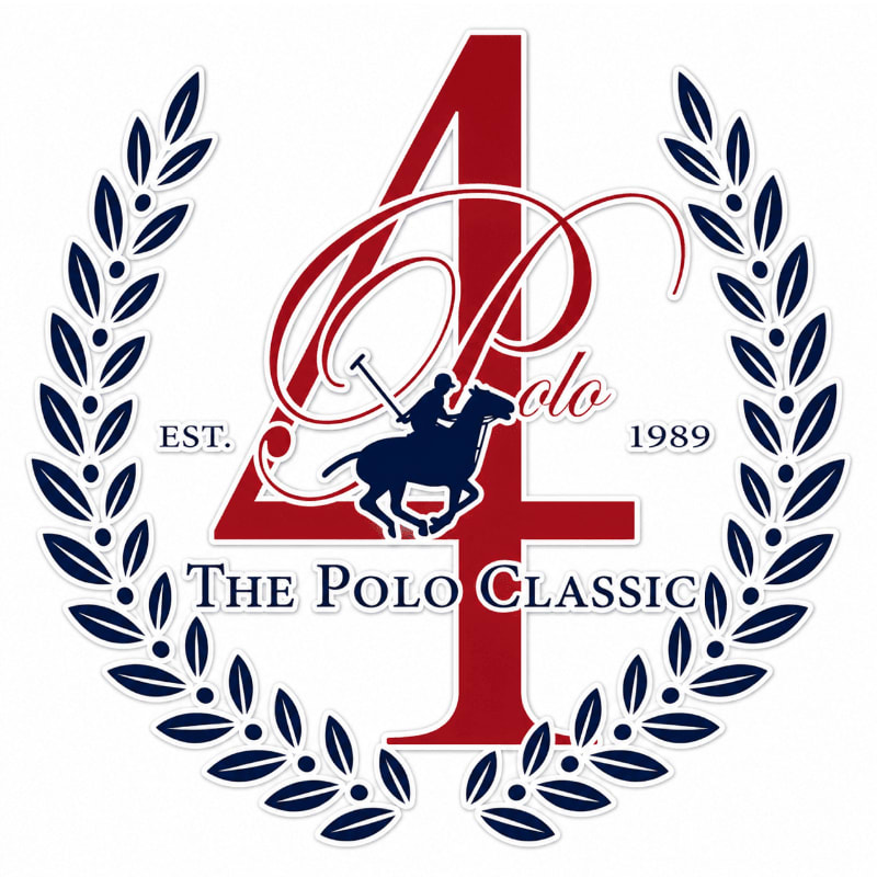 A large red number 4 with "Polo" written in script and a silhouette of a polo player on a horse is framed by a navy blue laurel wreath, with "EST. 1989 The Polo Classic" written around it.