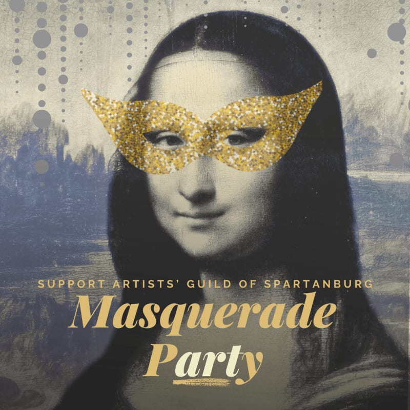 A glittery masquerade mask covers the eyes of the Mona Lisa against a textured, vintage background with hanging circles.