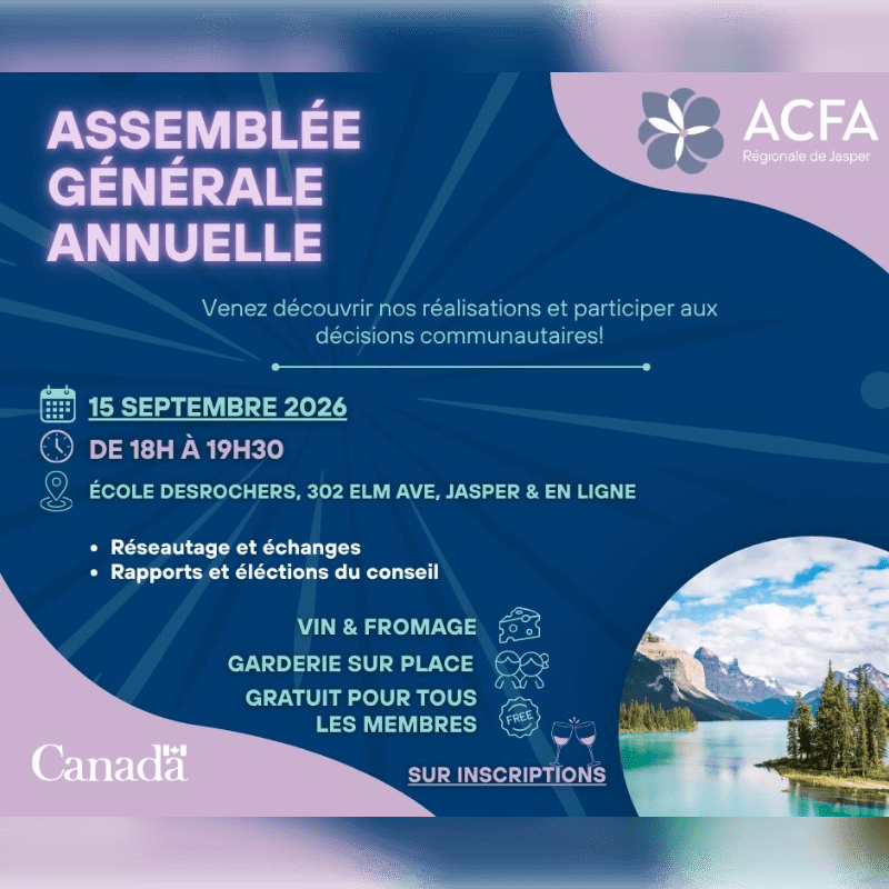 A purple flyer announcing an annual general meeting in Jasper, Canada, is overlaid on a scenic background of a lake and mountains.