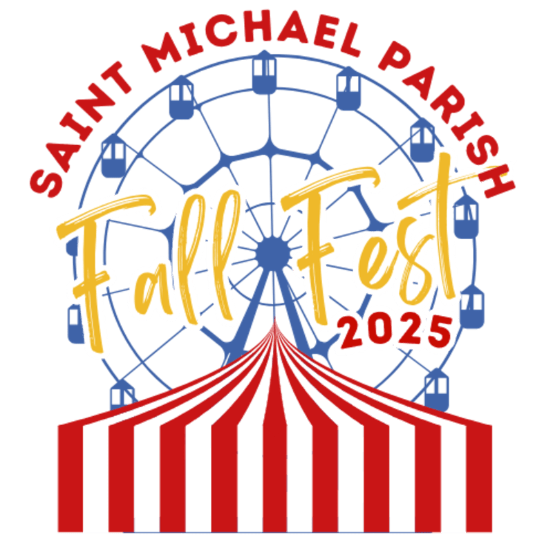 A red and white striped circus tent is in the foreground, with a Ferris wheel and the words "Saint Michael Parish Fall Fest 2025" in the background.