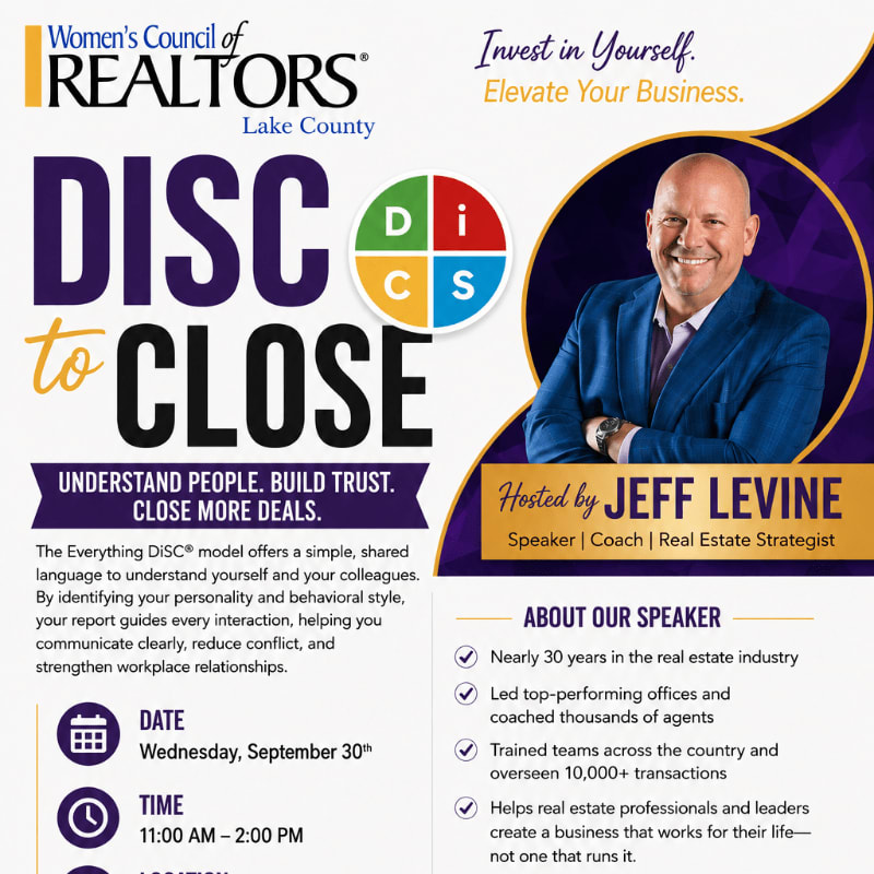 A flyer advertises a "DISC to CLOSE" event hosted by Jeff Levine, with details about the event and speaker in the foreground and a graphic of the DISC model and a photo of Jeff Levine in the background.
