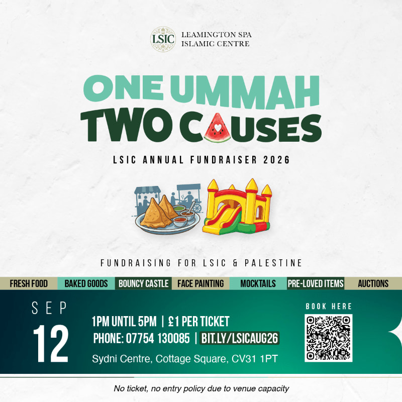A bouncy castle and food stalls are featured in the foreground, with the text "ONE UMMAH TWO CAUSES" and event details in the background.