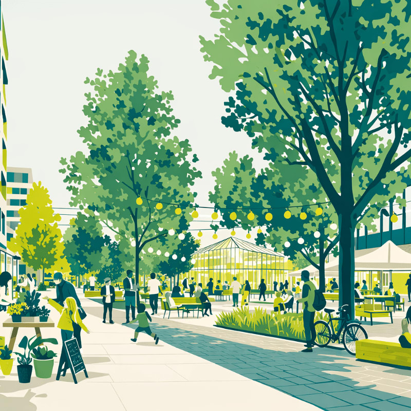 People stroll through a vibrant, tree-lined plaza with a greenhouse in the background and a flower stand in the foreground.