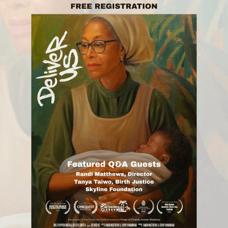 A painting of a woman holding a baby is featured on a poster with "Deliver Us" in large text and "FREE REGISTRATION" at the top, while the background is a textured, light brown color.
