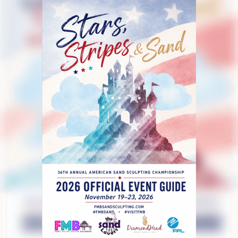 A watercolor-style castle with stars and stripes sits atop a sandy hill against a backdrop of clouds and a watercolor American flag, advertising the 36th Annual American Sand Sculpting Championship.