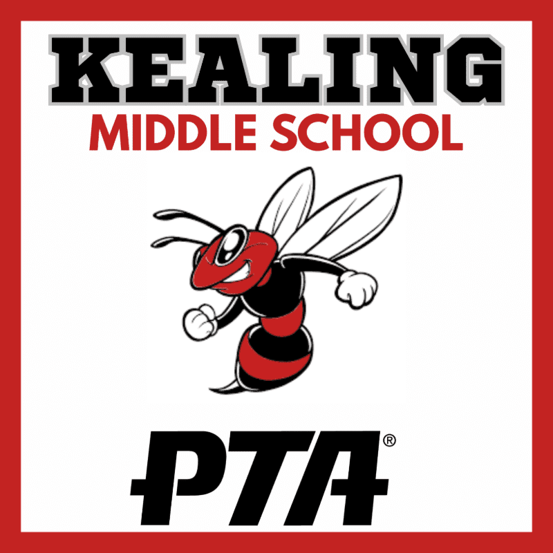 A cartoon bee with red and black stripes is centered on a white background with "KEALING MIDDLE SCHOOL" in black and red text above it and "PTA" in large black letters below.