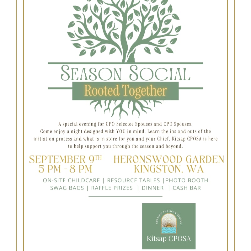 A stylized green tree with the words "SEASON SOCIAL Rooted Together" in the foreground is set against a cream background with event details.