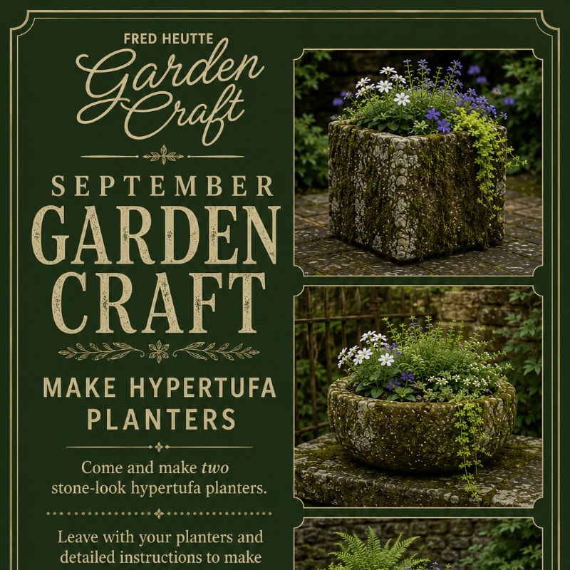 A dark green background advertises a September garden craft event for making hypertufa planters, with close-up images of two finished stone-like planters filled with flowers in the upper right and middle right.