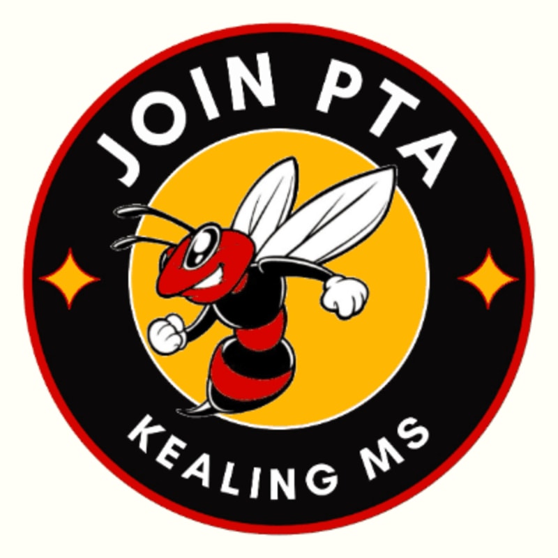 A cartoon wasp with "JOIN PTA KEALING MS" written around it is set against a yellow circle with orange stars on a white background.