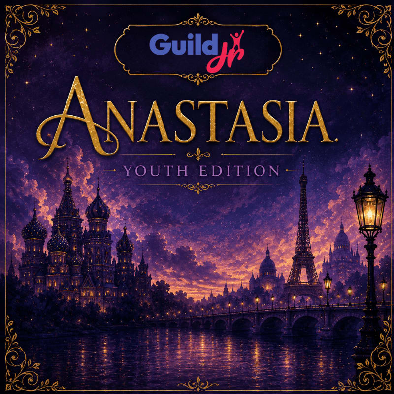 A starry night sky with a glowing Guild Jr. logo above the title "Anastasia Youth Edition" hovers over a fantastical cityscape featuring the Eiffel Tower and Russian-style domes reflected in a shimmering river.