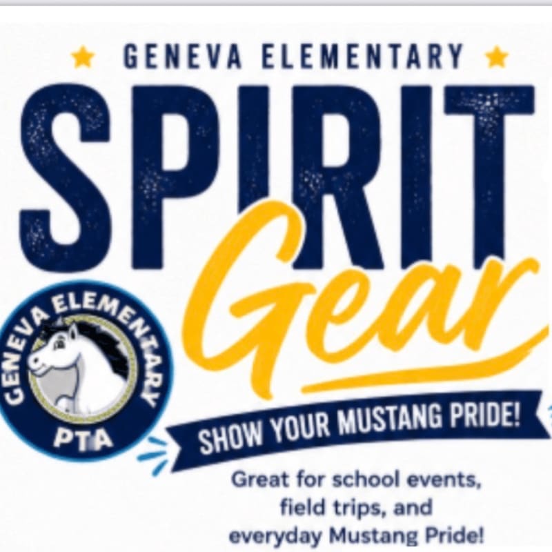 Large navy blue letters spell out "SPIRIT" above yellow cursive text that reads "Gear," with a circular logo featuring a horse and the words "Geneva Elementary PTA" on the left, all set against a white background with smaller text below.