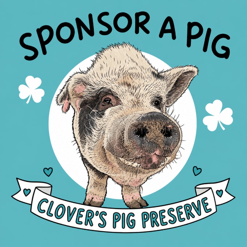 A pig with black and white markings stands in the foreground against a teal background, with a banner reading "CLOVER'S PIG PRESERVE" below and "SPONSOR A PIG" above, surrounded by shamrocks and hearts.
