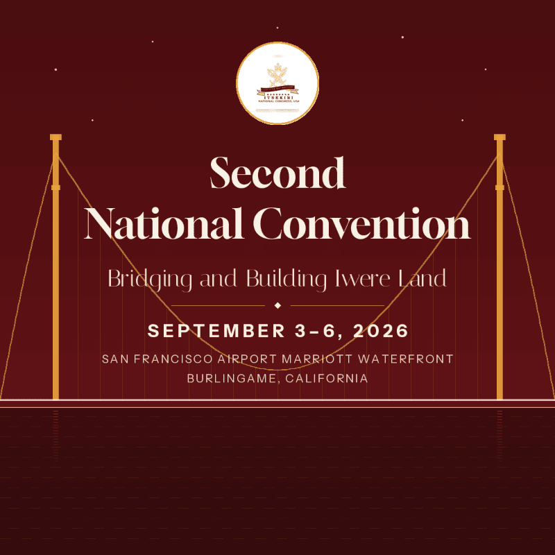 A golden suspension bridge spans across dark water in the foreground, with the text "Second National Convention Bridging and Building Iwere Land" and event details set against a deep red background in the upper portion of the image.