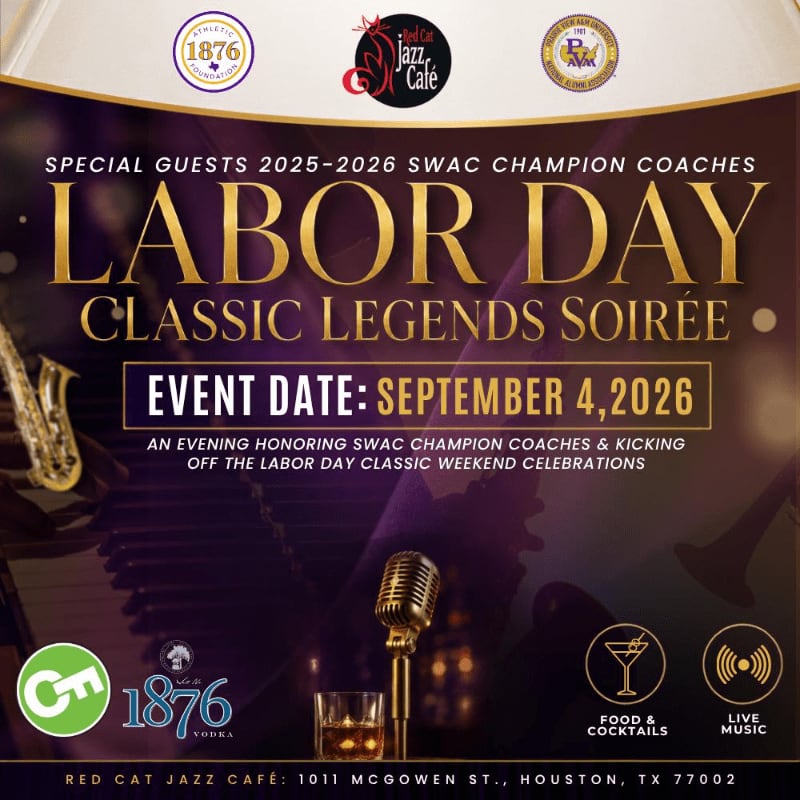 A vintage microphone and a glass of whiskey sit in the foreground against a blurred background of a saxophone and piano, advertising a "Labor Day Classic Legends Soirée."