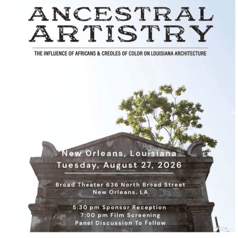 A tombstone with text about "Ancestral Artistry" and an event in New Orleans is in the foreground, with a bright sky and greenery in the background.