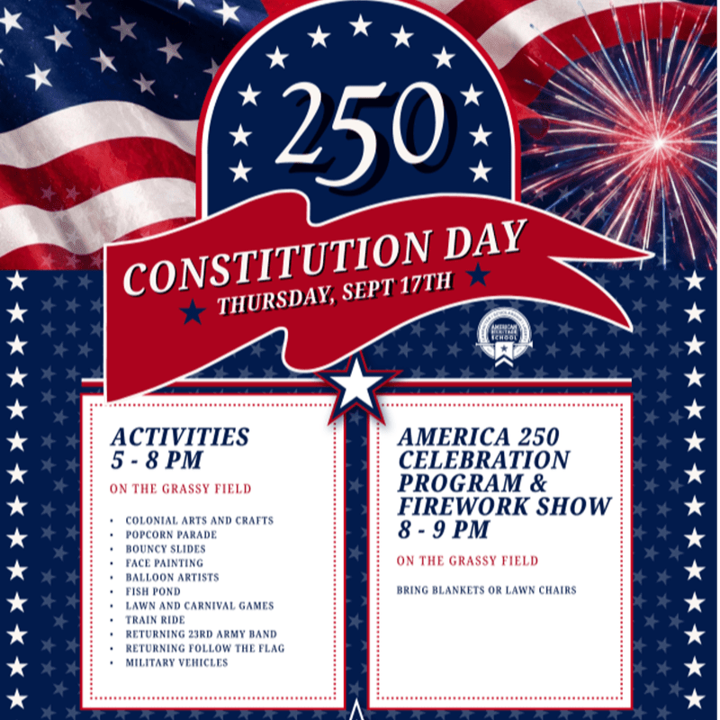 A patriotic graphic advertises Constitution Day activities and a fireworks show, with the American flag and fireworks in the background and event details in the foreground.