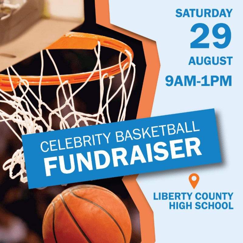A basketball rests in the foreground below a net, with event details for a celebrity basketball fundraiser on a bright orange and white background.