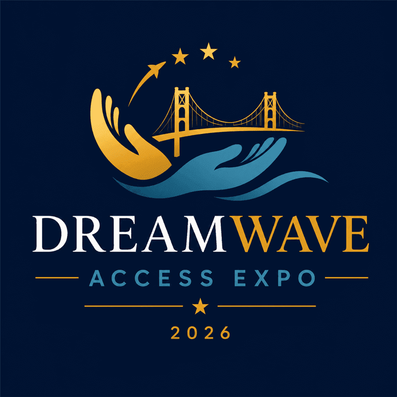 Golden hands cradle a bridge with stars above, while "DREAMWAVE ACCESS EXPO 2026" is written below on a dark blue background.