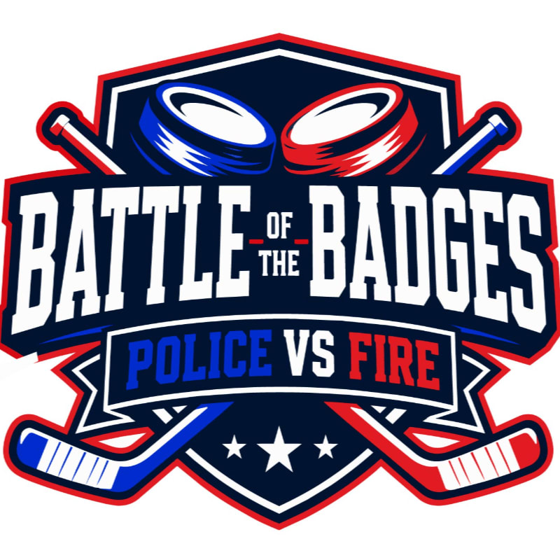 Two hockey pucks and crossed hockey sticks are in the foreground of a logo that reads "BATTLE OF THE BADGES POLICE VS FIRE" against a white background.