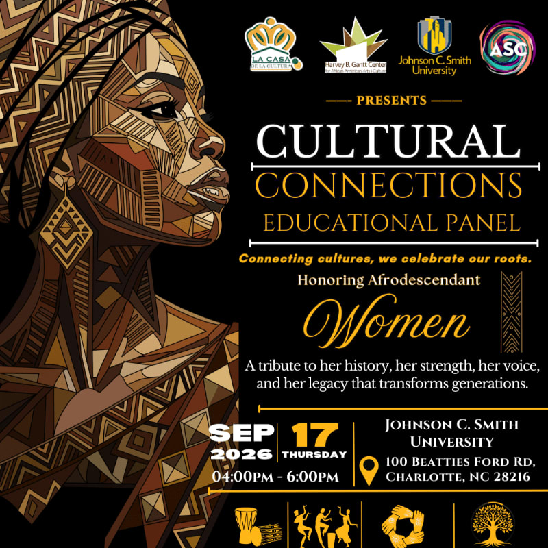 A stylized portrait of an Afrodescendant woman with intricate patterns on her face and headwrap fills the left side of the poster, while the right side features event details for a "Cultural Connections Educational Panel" honoring Afrodescendant Women.