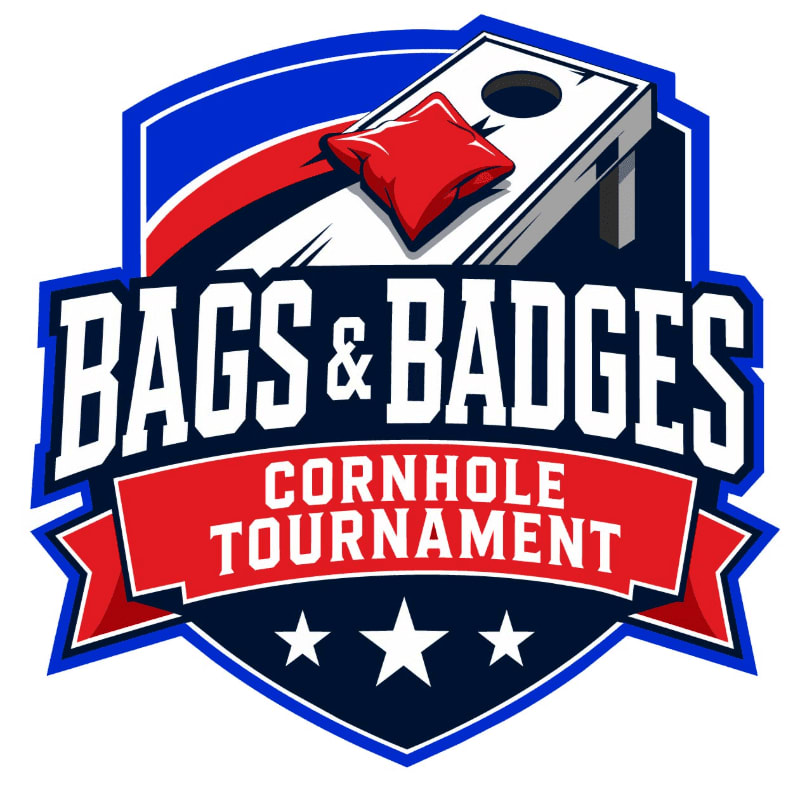 A red beanbag rests on a cornhole board in the foreground, set against a blue and red shield with the words "BAGS & BADGES CORNHOLE TOURNAMENT" in bold lettering.