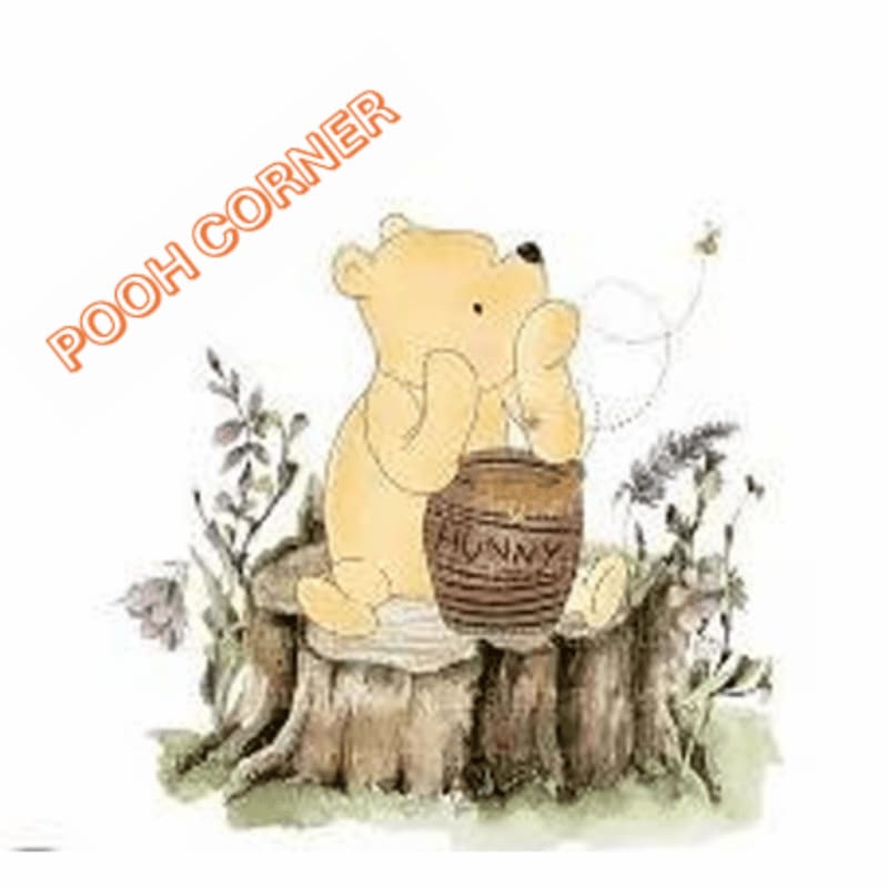 Winnie the Pooh sits on a tree stump with a honey pot, surrounded by foliage and a bee, with "POOH CORNER" written in the upper left.
