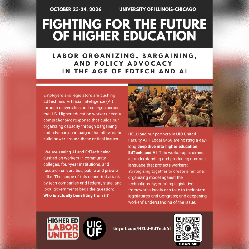 A poster for a University of Illinois-Chicago event on "Fighting for the Future of Higher Education" features text about EdTech and AI in the foreground, with a blurred image of a crowd in the background.