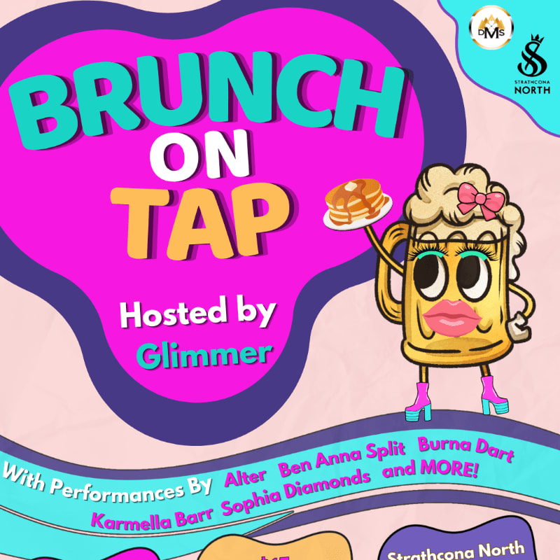 A cartoon mug with a pink bow and large lips holds a plate of pancakes in the foreground, while the background features bold text announcing "BRUNCH ON TAP" hosted by "Glimmer" and listing performers.