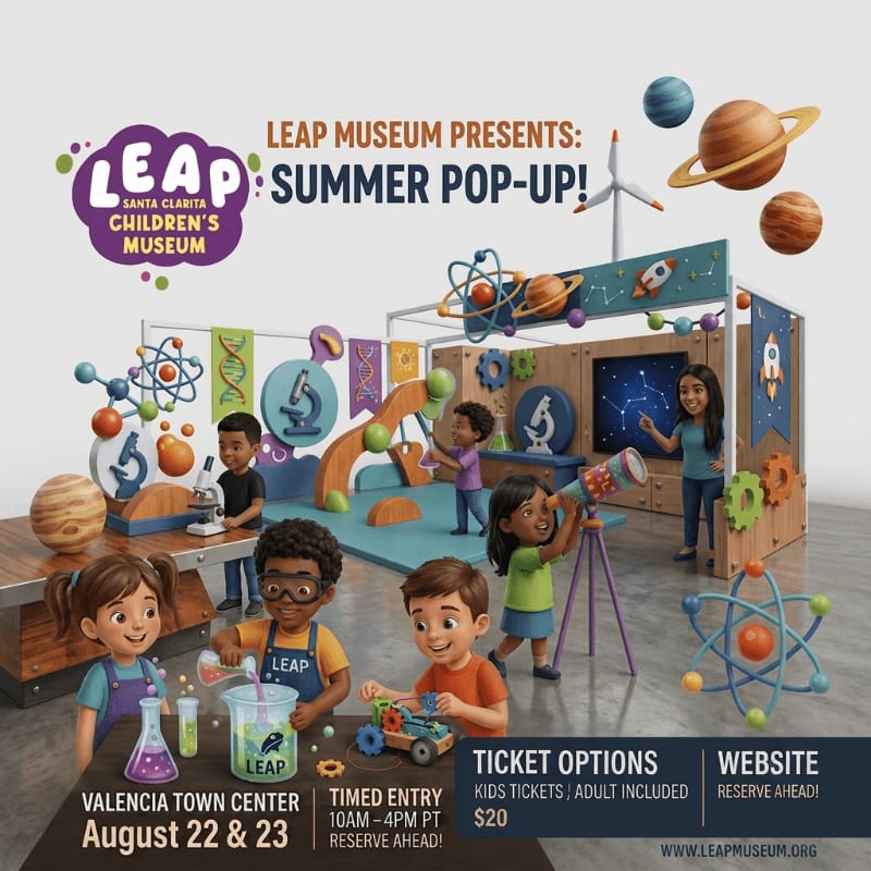 Children engage with science exhibits at a summer pop-up museum with planets and rockets in the background.