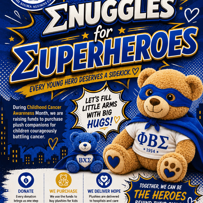 Two teddy bears, one large and one small, dressed as superheroes with capes and masks, are featured in the foreground against a vibrant blue background with yellow lightning bolts and text promoting a fundraiser for children battling cancer.