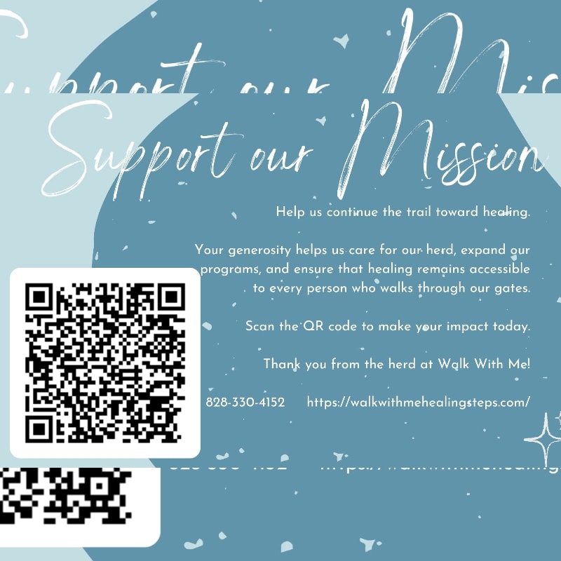 A QR code and contact information are displayed in the foreground against a blue background with white text that reads "Support our Mission."