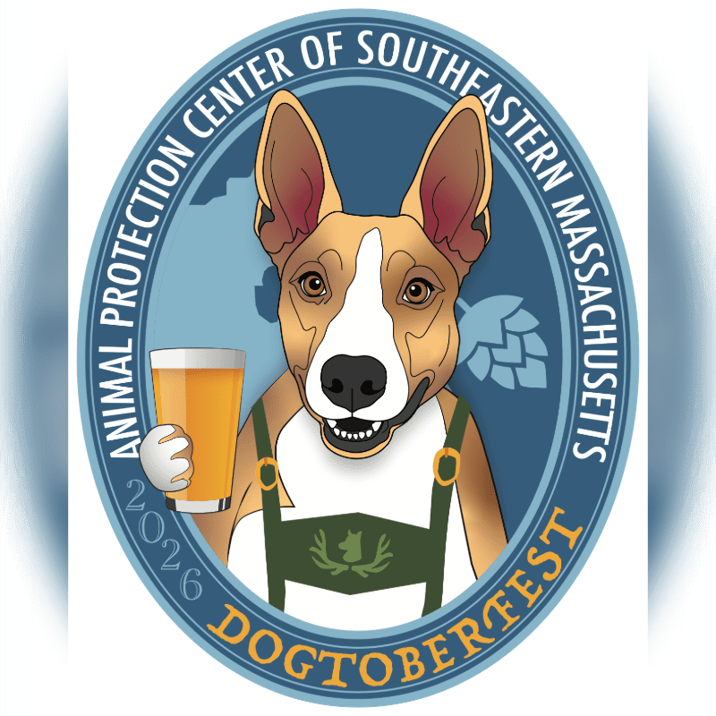 A cartoon dog wearing lederhosen and holding a beer stands in front of a blue background with a map of Southeastern Massachusetts and hops.