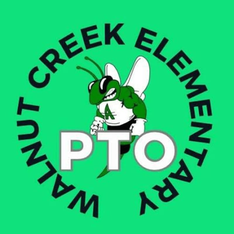A muscular green bee wearing a white shirt with an "A" on it and the letters "PTO" in front of it is centered on a bright green background with "WALNUT CREEK ELEMENTARY" written in a circle around it.