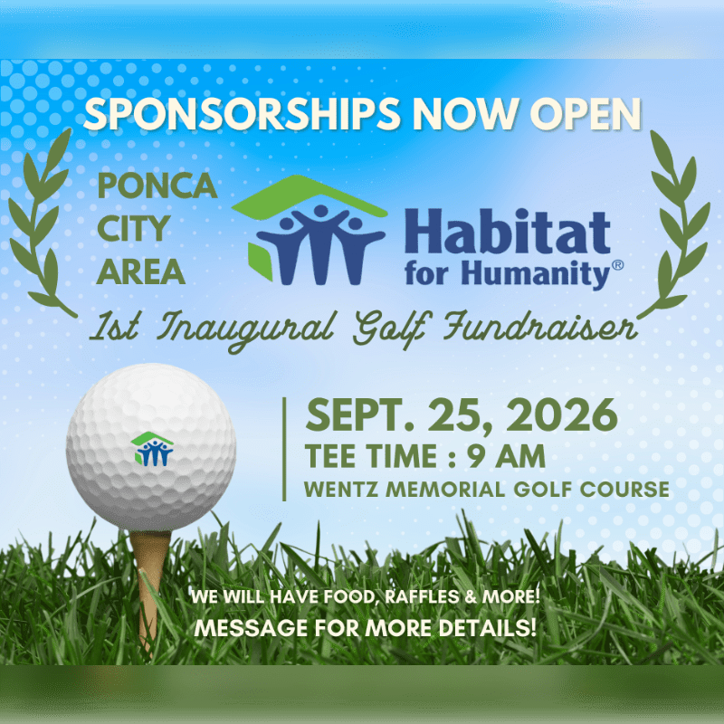 A golf ball sits on a tee in the foreground, with event details for a Habitat for Humanity fundraiser against a blurred blue sky and green grass background.