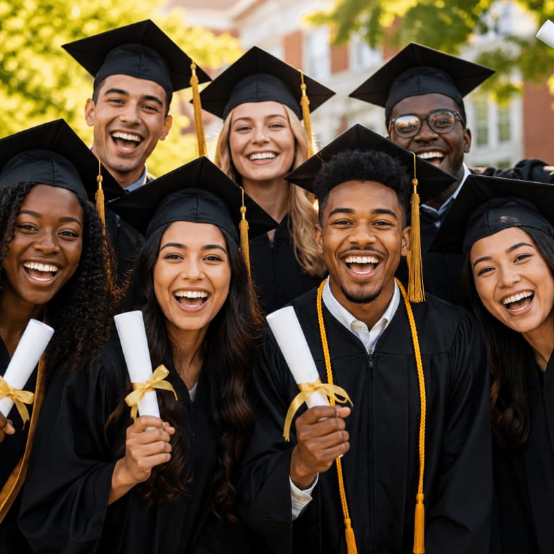 A group of smiling graduates in black caps and gowns hold diplomas in the foreground, with a blurred building and trees in the background.