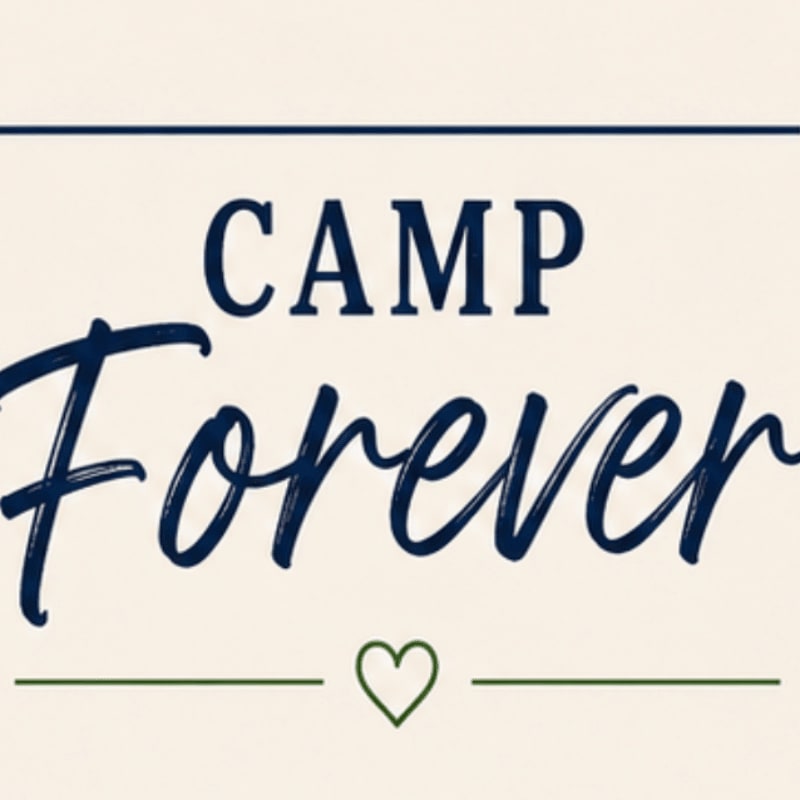 A navy blue script font spells out "Forever" below the word "CAMP" in a simpler font, all set against a cream background with a thin green line and heart in the foreground.